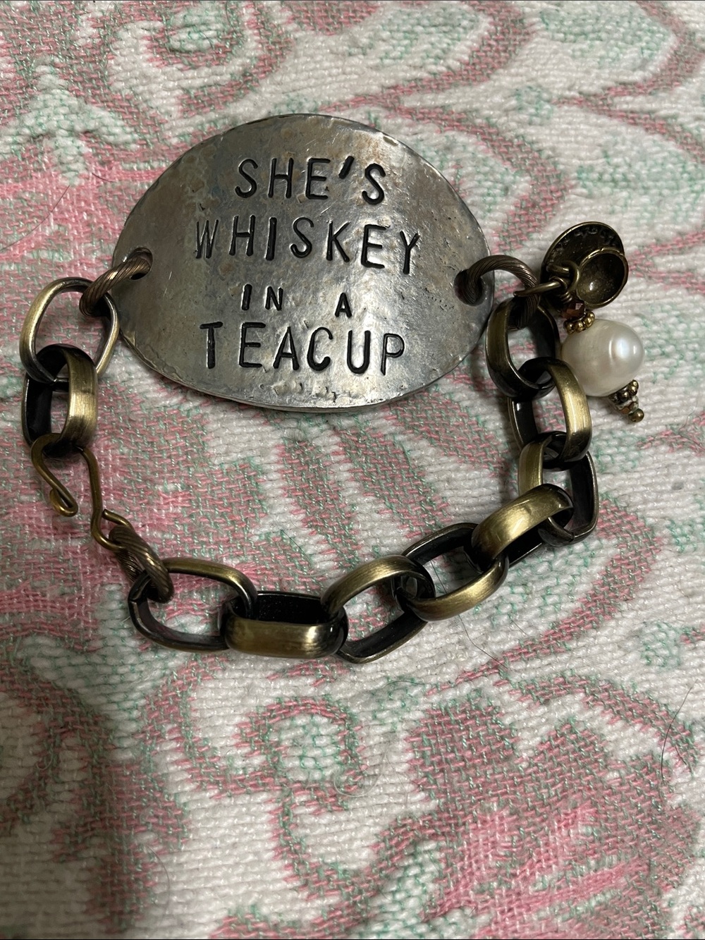 She's Whiskey In A Teacup Brass Link Bracelet with teacup/pearl charm- new